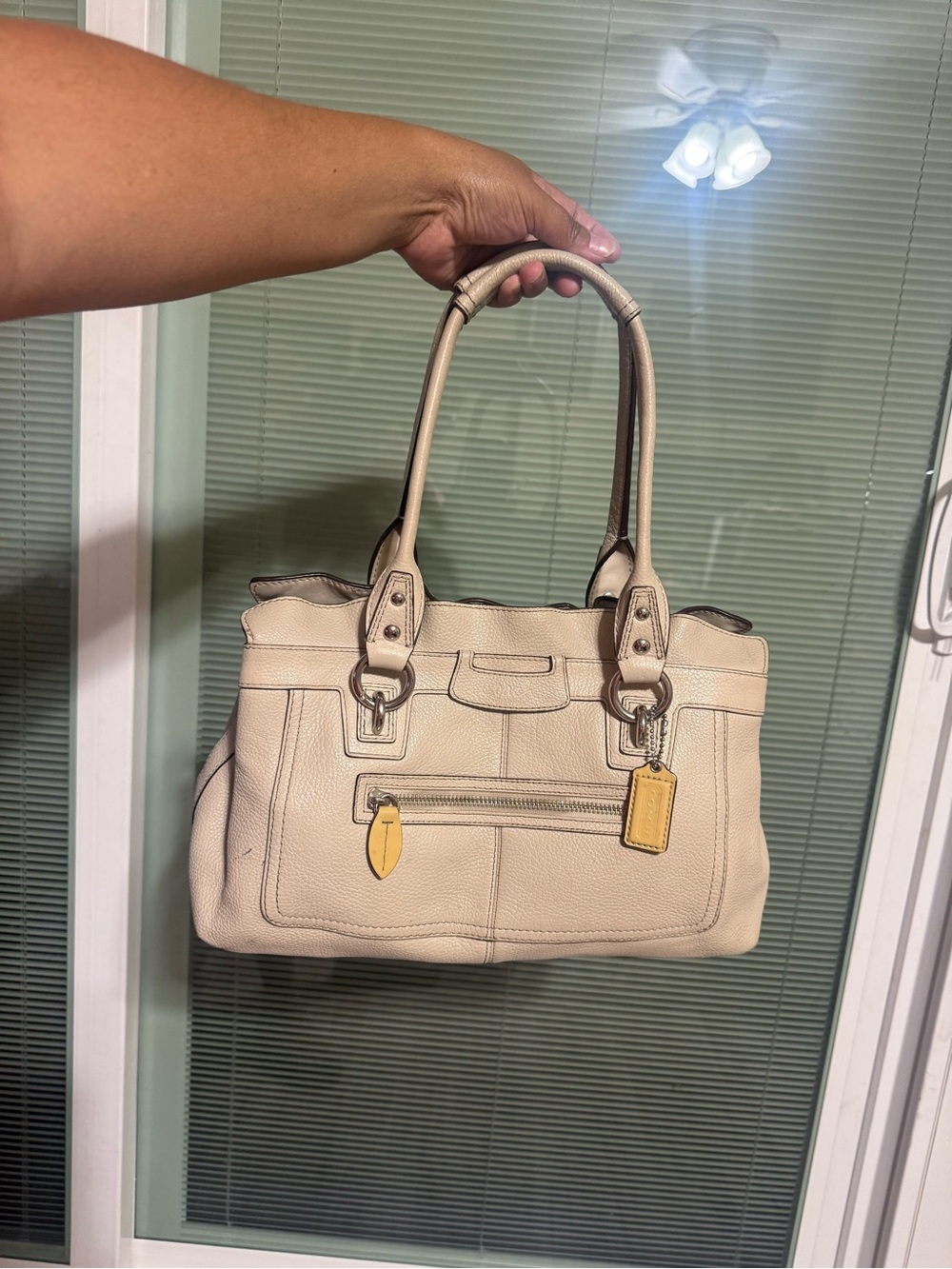 Coach Cream Leather Tote Handbag with Yellow Accent